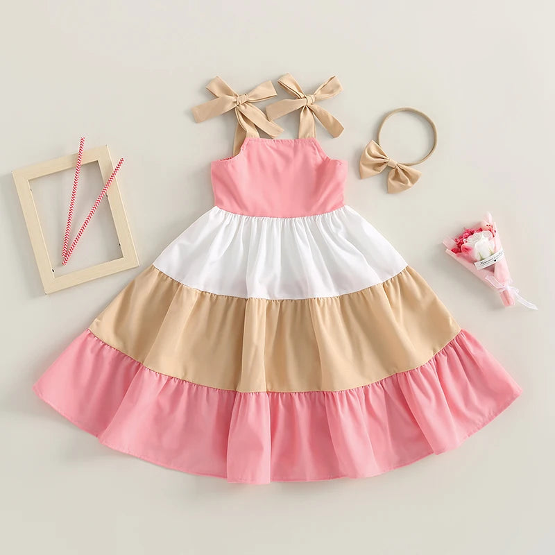 3 Colors Summer Fashion Kids Girls Dress Color Match Tie-Up Shoulder Straps Sling Ruffles Sundress Headband