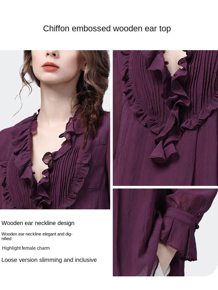 Loose-fitting Purple Ruffles Chiffon Blouse Women' 2024 Spring Summer Tops Long Sleeve V-Neck Fashion Casual Office Lady Blous