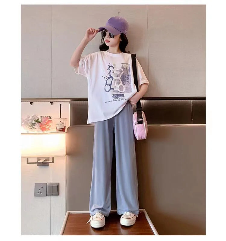 2024 new summer spring Teenager Clothes Children Set loose bear short white T-shirt + straight Pant Suit tracksuit 5 to 12 year