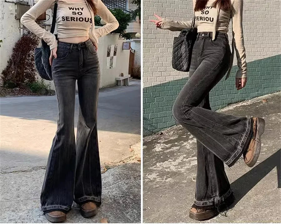 Burr Edge Design Vintage Flare Jeans High Waist Korea Casual Skinny Denim Pants New Women Streetwear Strecth Boot Cut vaqueros