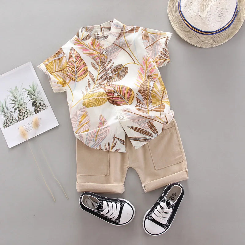 Summer Boys Short Sleeve Set Children Printed Casual Shirt T-shirt+Shorts 2 Piece Clothing 1-4 Years Baby