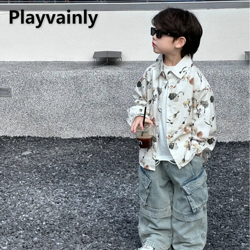 ARWEN & AJH GROUP Korean Style New Spring Baby Boys Casual Versatile Shirt Cartoon Print Turn-down Collar Long Sleeve Shirt Children Clothes E4002