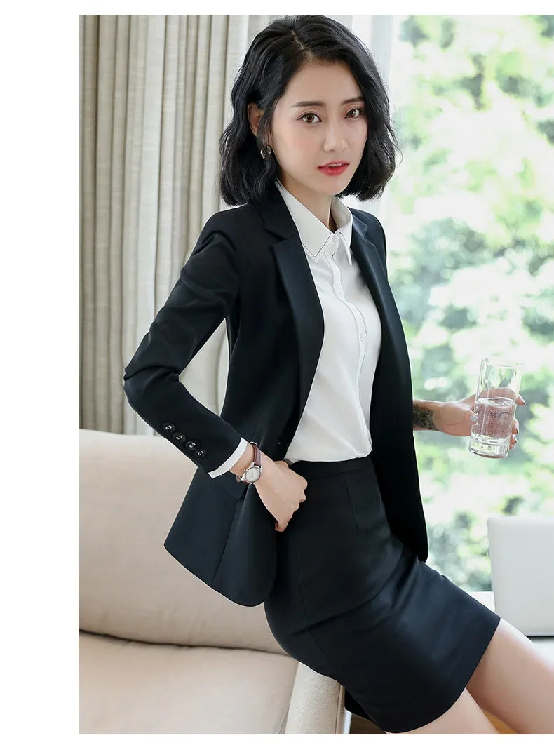 Spring Black Gray Blazer Set for Women Uniform Lady Work Outfit with Skirt Office Suits Female Formal Elegant 2 PCS