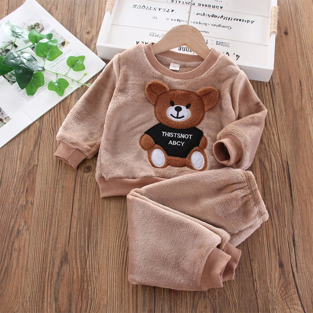 Bear Leader Girls Sets Winter Flannel   Set Long-sleeved Bear Patch Cloth Hoodie Pants Autumn and Winter Warm Boy 2pc Set