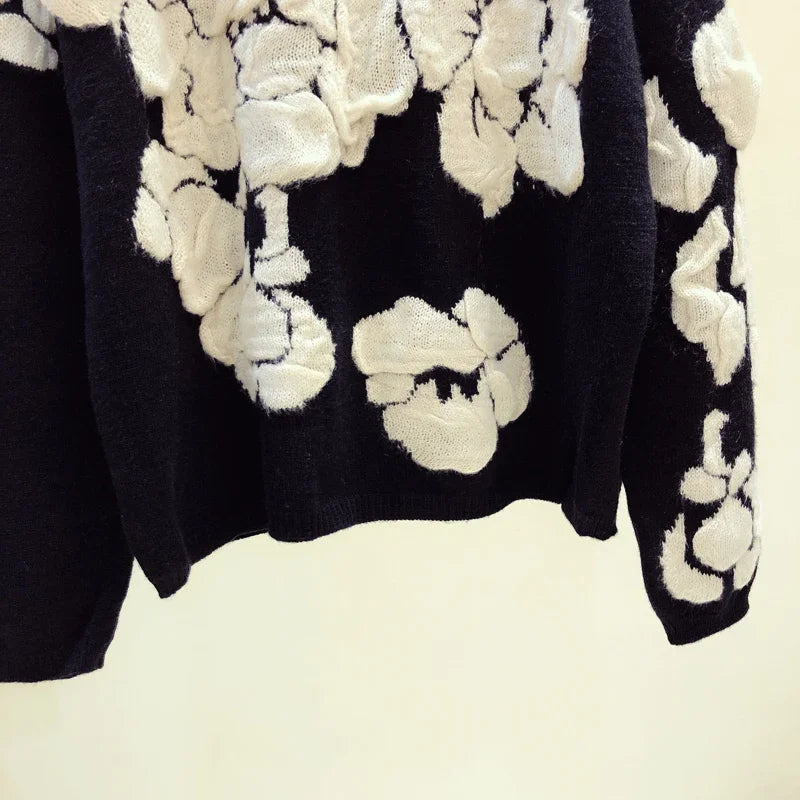 2024 Spring Embroidery Floral O-neck Sweater Pullovers Women Modis Vintage Long Sleeve Knitted Pullover Loose Black Tops