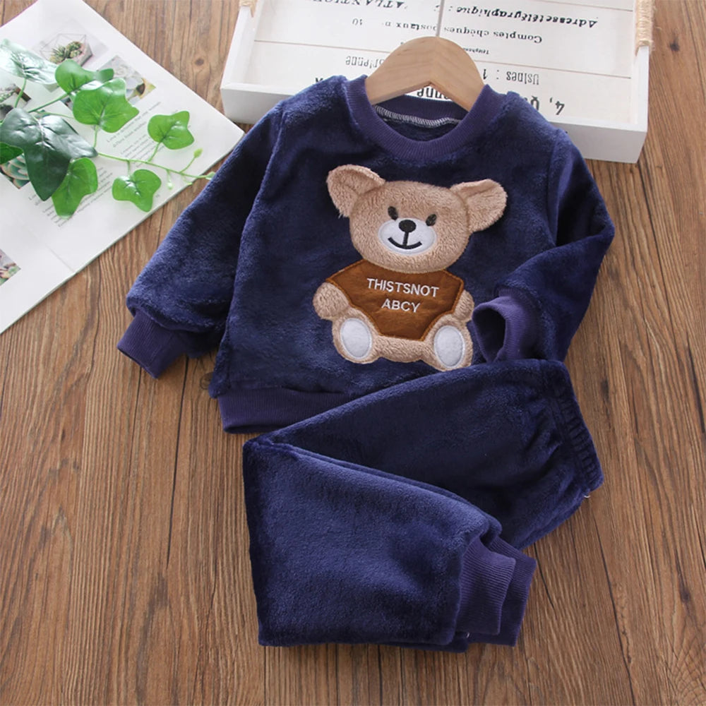 Bear Leader Girls Sets Winter Flannel   Set Long-sleeved Bear Patch Cloth Hoodie Pants Autumn and Winter Warm Boy 2pc Set