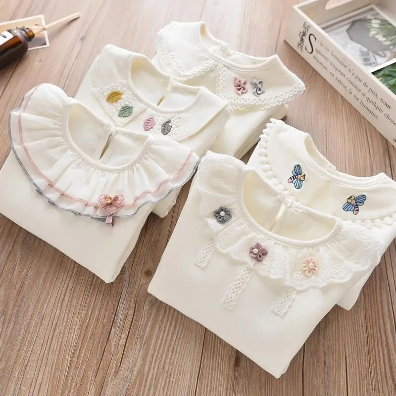 Children's  Shirts School Girls White Tops Long Sleeve Lace Shirts Kids Shirt Baby Toddler Teen Casual Children Clothes