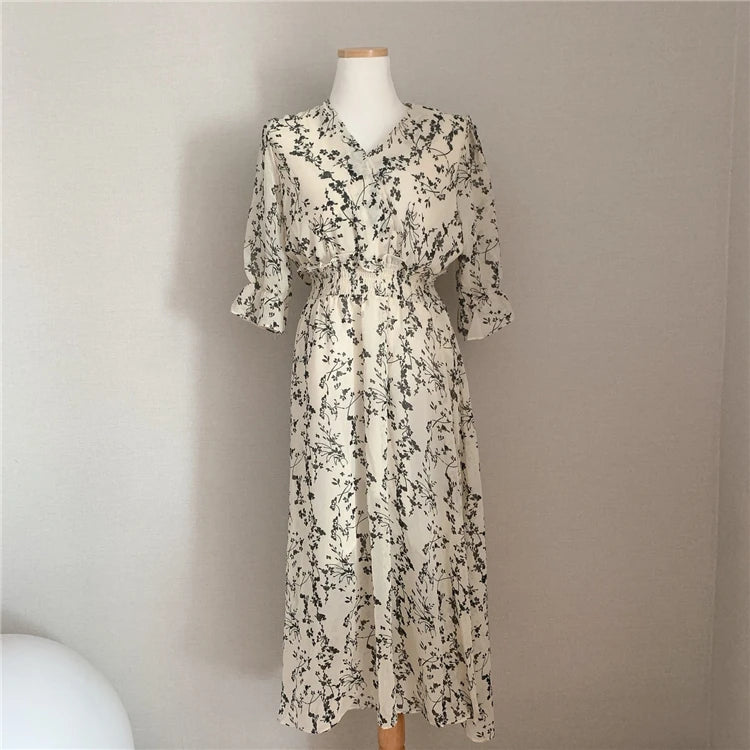 ARWEN & AJH GROUP Vintage Korea Fashion Clothing Summer Slim Elastic Waist A Line V Neck Elegant Office Lady Floral Chic Chiffon Long Dress Retro