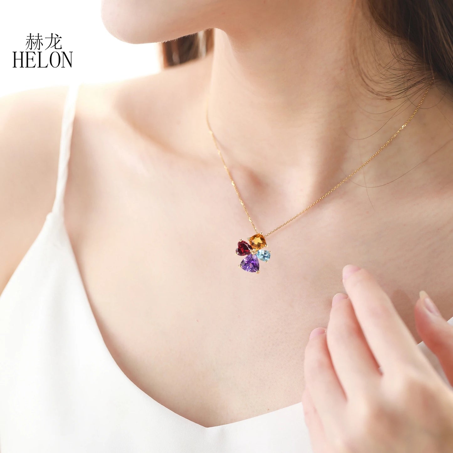 HELON Solid 14K Yellow Gold 100% Genuine Natural Citrine Garnet sky Topaz blue Amethyst Pendant Necklace For Women Fine Jewelry