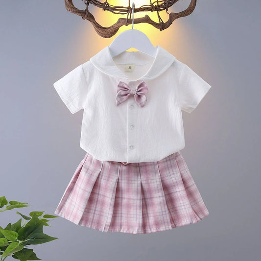 Girls College Style Jk Uniform Pleated Skirt + Short Sleeves Shirts Summer Children Big Kids School Students Sweat Clothes 0-12Y