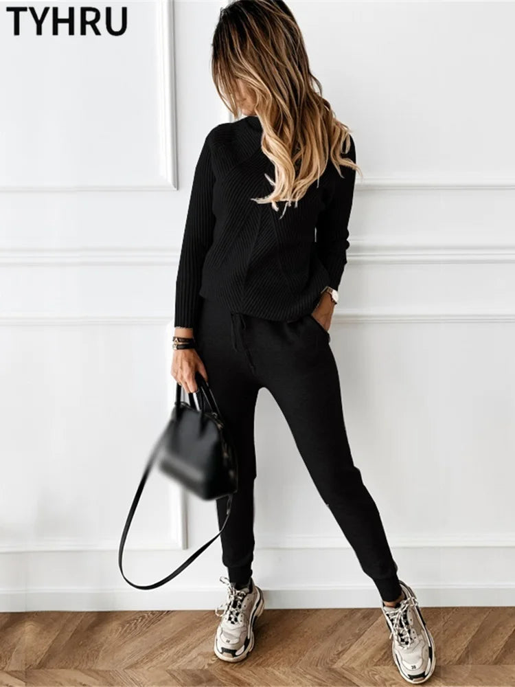 Autumn Winter Women's tracksuit Solid Color Striped Turtleneck Sweater and Elastic Trousers Suits Knitted Two Piece Set