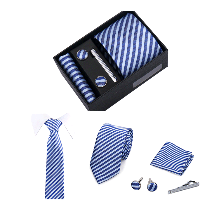 Fashion Elegant Men's Necktie Gift Box Striped Tie Handchief Cufflink Tie Clip 4 pcs Set Wedding Business Party Suit Accessories