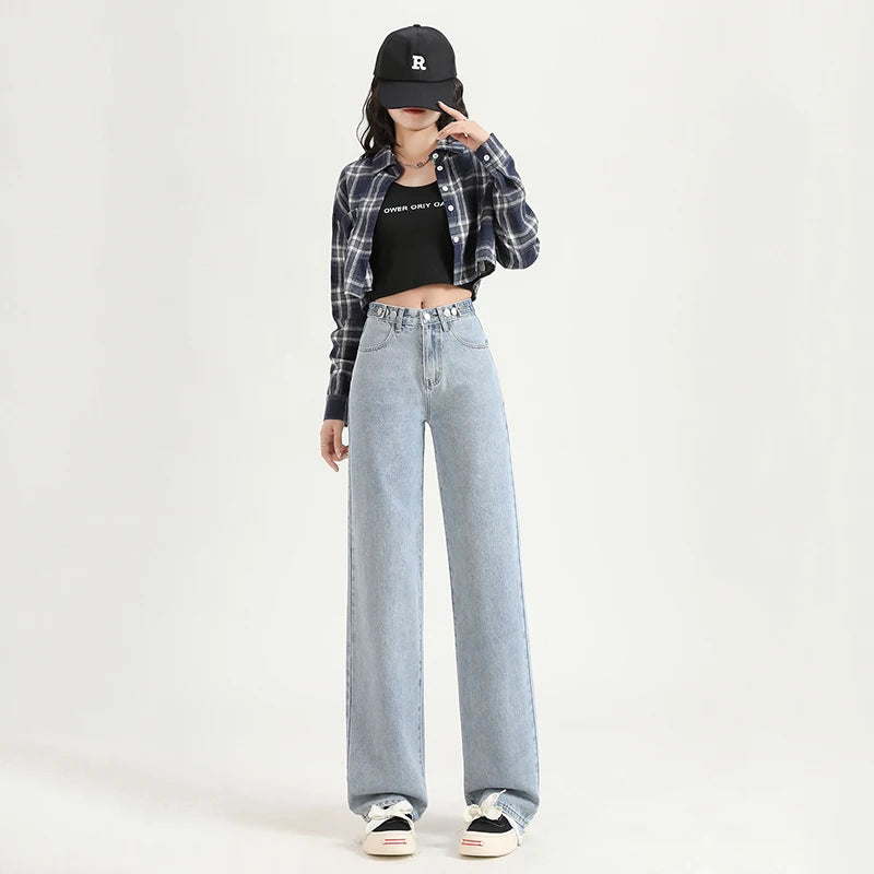 ARWEN & AJH GROUP مجموعه اروين Womens Straight  Jeans Adjust Elastic High Waist Vintage Denim Pants Leisure Streetwear Style Fashion Loose Wide Leg Trousers