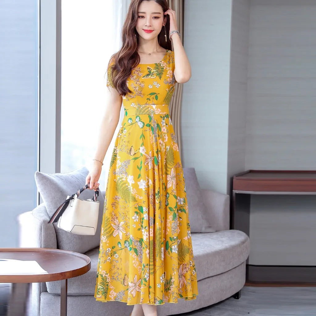 ARWEN & AJH GROUP  Boho Dress Women Floral Print Wrap Long Holiday Dress Ruffles Female Casual O-Neck Beach A Line Dress Party  Clothing