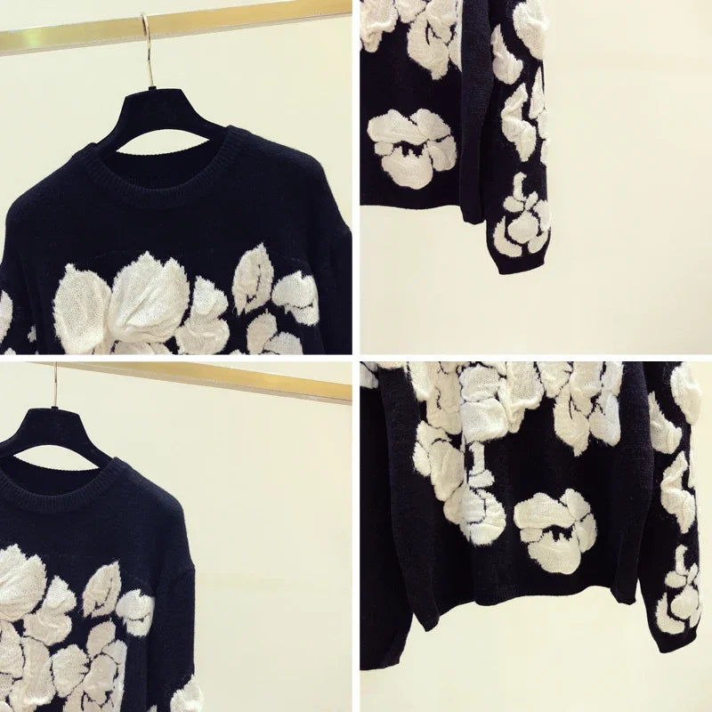 2024 Spring Embroidery Floral O-neck Sweater Pullovers Women Modis Vintage Long Sleeve Knitted Pullover Loose Black Tops