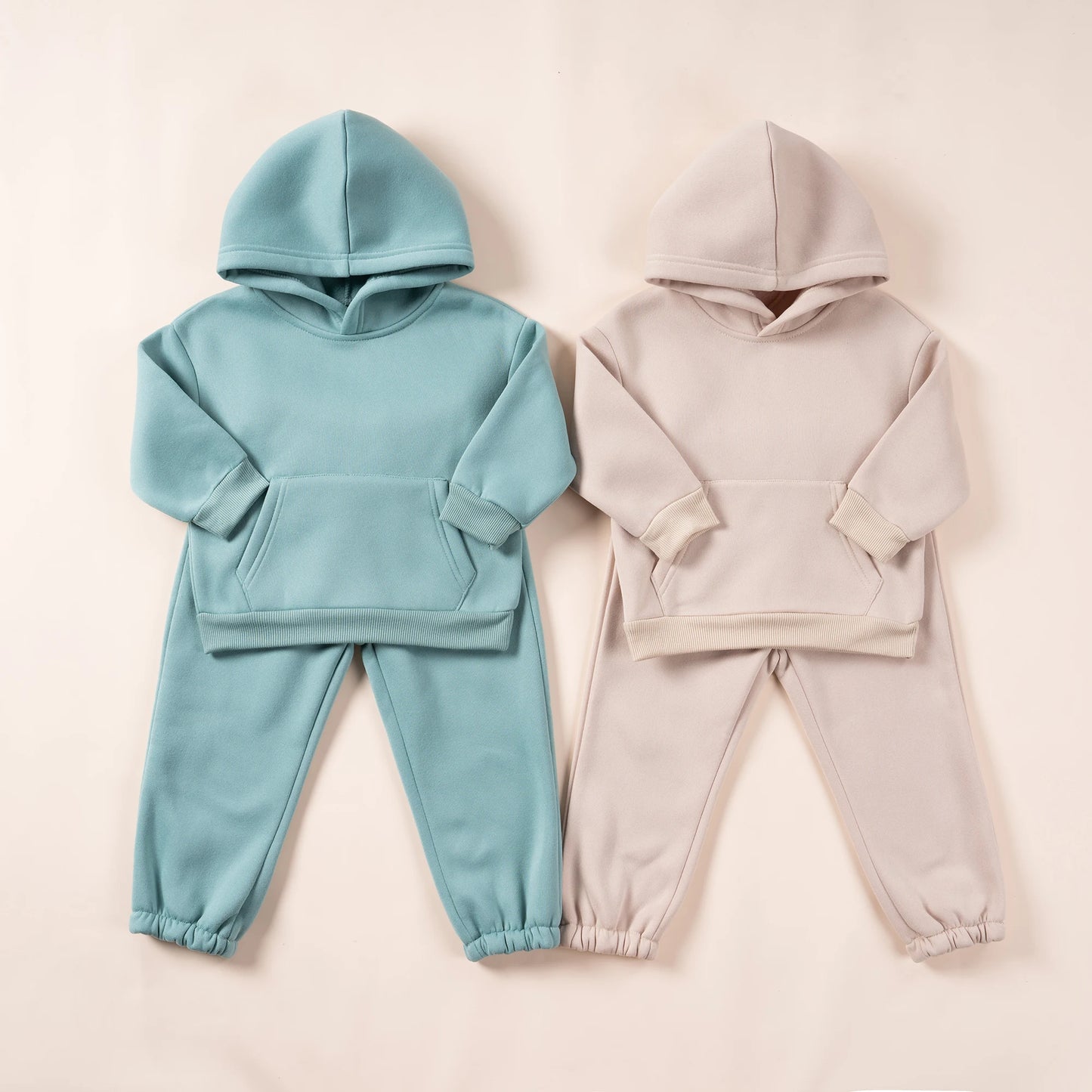 2023 Winter Children Hooded Tracksuits Suits 0-6Y Toddler Boys Girls Clothing Suit Solid Plush Sweater and Sports Pants Set