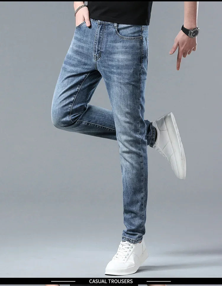 Free Shipping Slim Fit Men's Jeans Straight Leg Europe Trendy Brand Fashionable Washing Long Pants Casual Scene