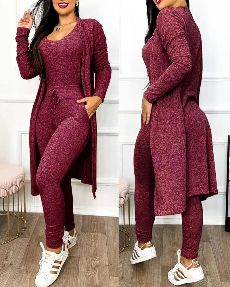 Drawstring Pocket Design Jumpsuit & Coat Set Solid Color Women Autumn Lace Up Long Top Slim Fit Pencil Pants Fashion