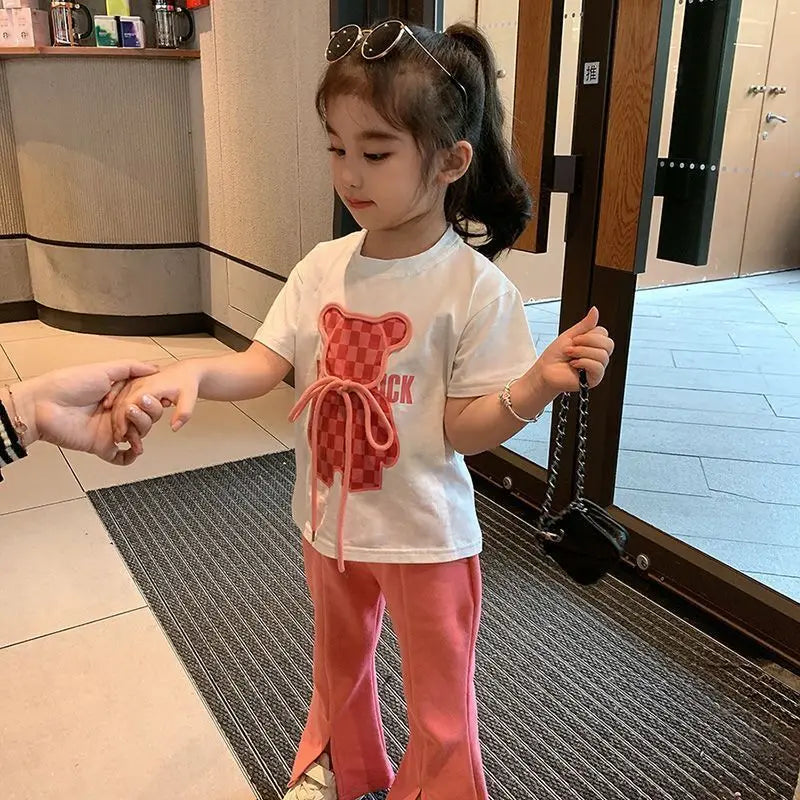 ARWEN & AJH GROUP Girls Baby Clothes Set 2023 New Summer Children's Cartoon Print T-shirt Flare Pants Two Piece Set Kids Outfits 2-7Y