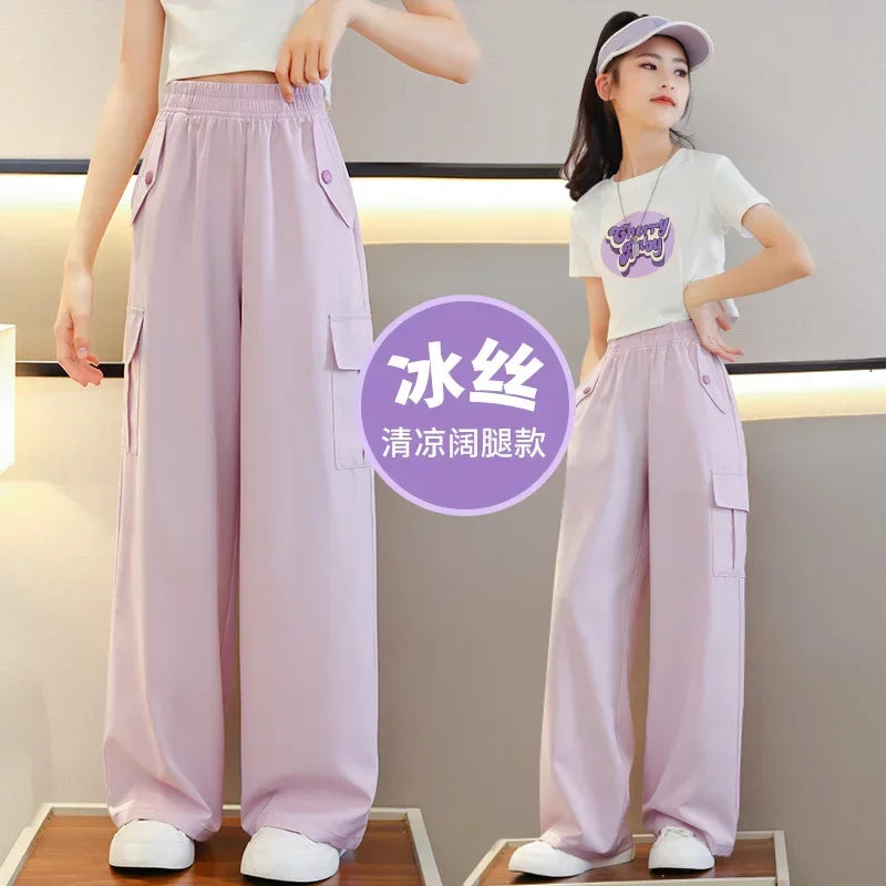 Children's Set for Girls Short T Shirt + Long Pant Loose Simple Style Two Pieces for Teenager Clothes Loungewear Outfit