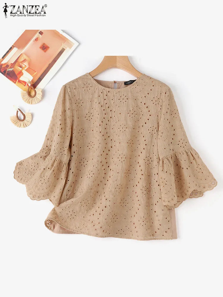 مجموعة اروين ARWEN GROUP AJH 2024   Bohemian Lace Crochet Blouse ZANZEA Women Summer 3/4 Sleeve Holiday Shirt Elegant Work Tops Casual Patchwork Blusas Female Tunic