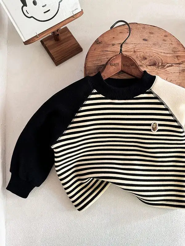 Autumn Winter Children Boy Striped Sweatshirt Cotton Spliced Long Sleeve Velvet Toddler Boy Pullovers Infant Baby Boy Undershirt