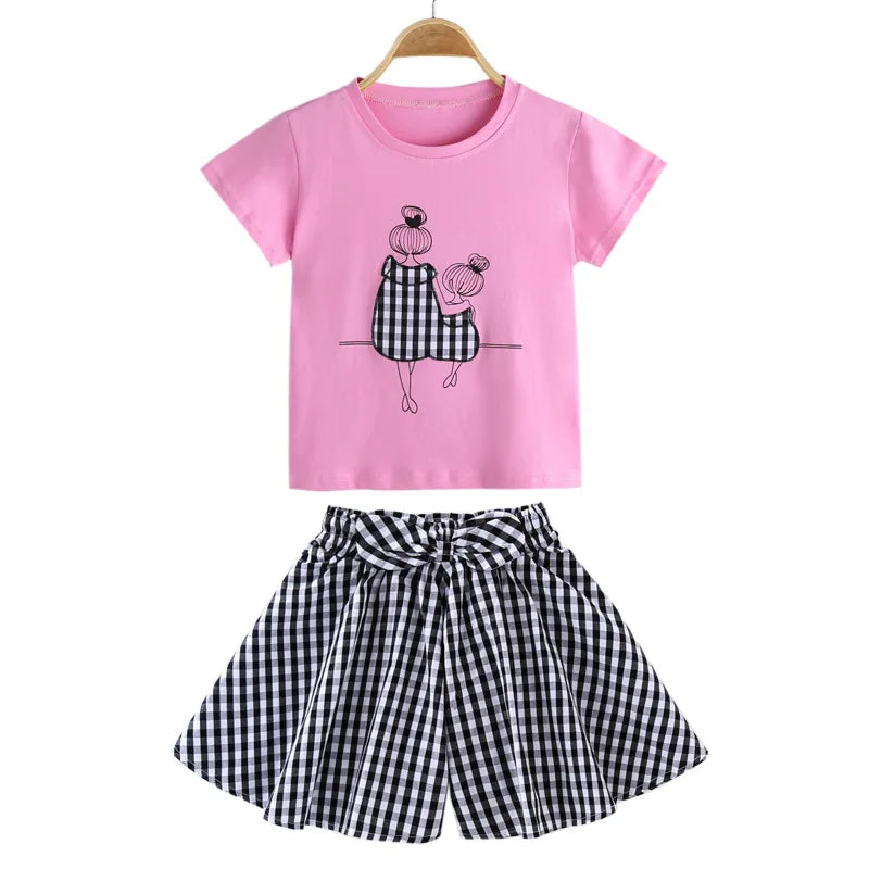 2024 Summer baby kids Girls Clothes Children Set Outfits Fashion Toddler T-shirt + Plaid Skirt 2 3 4 5 6 7 8 9 10 11 12 13 Years