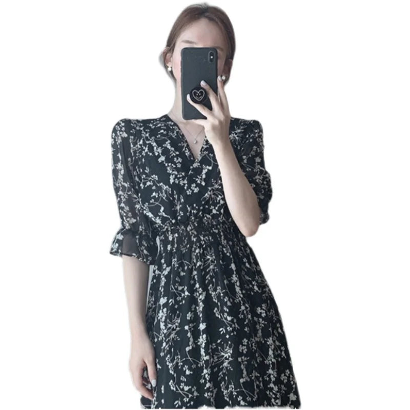 ARWEN & AJH GROUP Vintage Korea Fashion Clothing Summer Slim Elastic Waist A Line V Neck Elegant Office Lady Floral Chic Chiffon Long Dress Retro