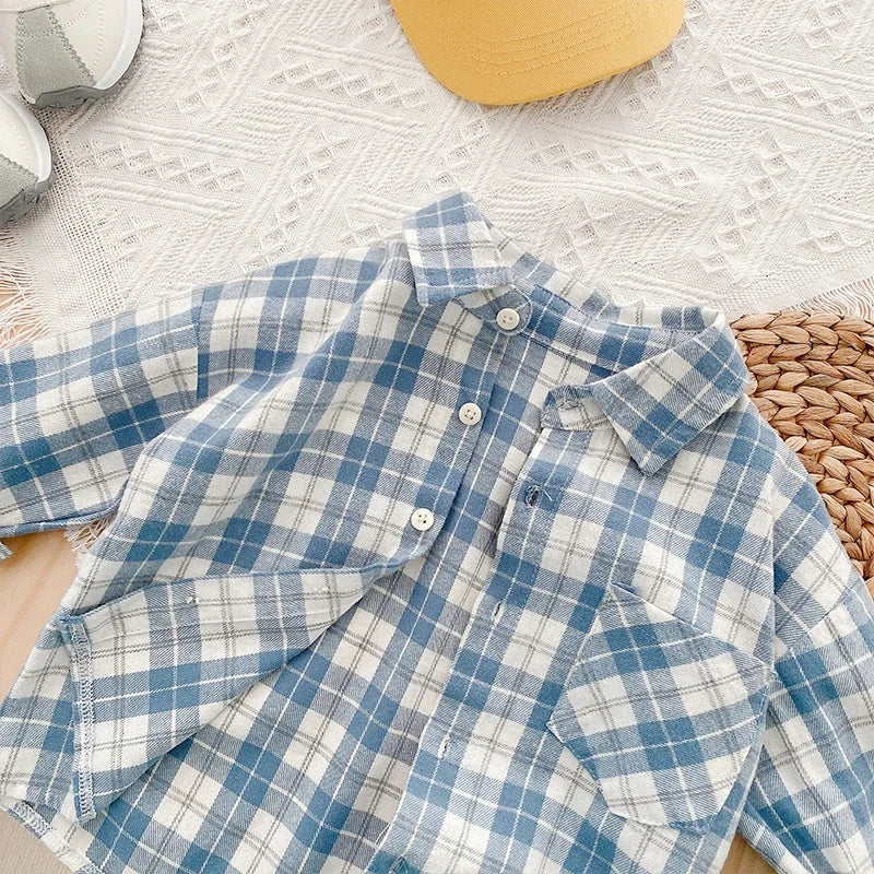 IENENS Kids Shirt Clothes Spring Thin Blouses Clothing Infant Boy Plaid Cotton Tops 1 2 3 4 Years Kids Long Sleeves Shirt