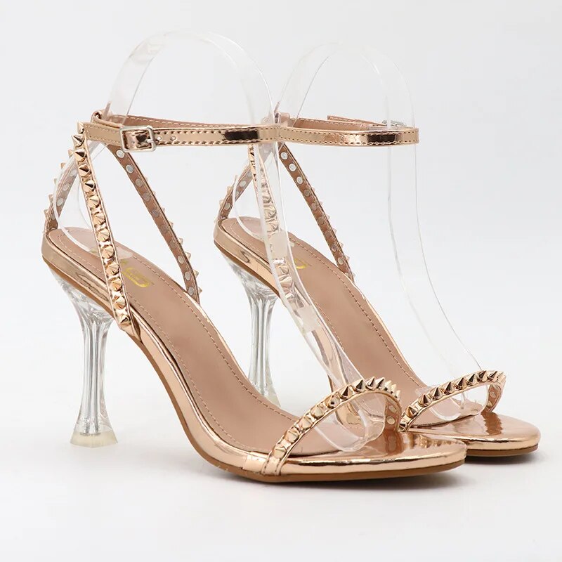 High Heels Rivets Sandals Women 2023 Summer Luxury Fetish 9cm Silver Gold Clear Heels Sandals Party Wedding Shoes Plus Size 42