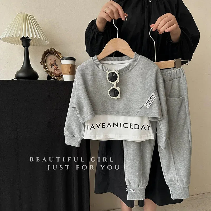 Autumn Baby Girl Clothes Children Letter Sweater Pullover Top and Sport Pant Set Girls Patchwork Sweatershirt Outfit Tracksuit