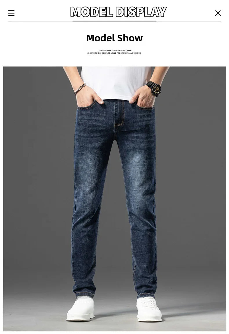 Luxury Brand Men's Jeans Slim Fit High Elasticity Versatile Blue Straight Leg Denim Trousers For All Seasons Casual Wear