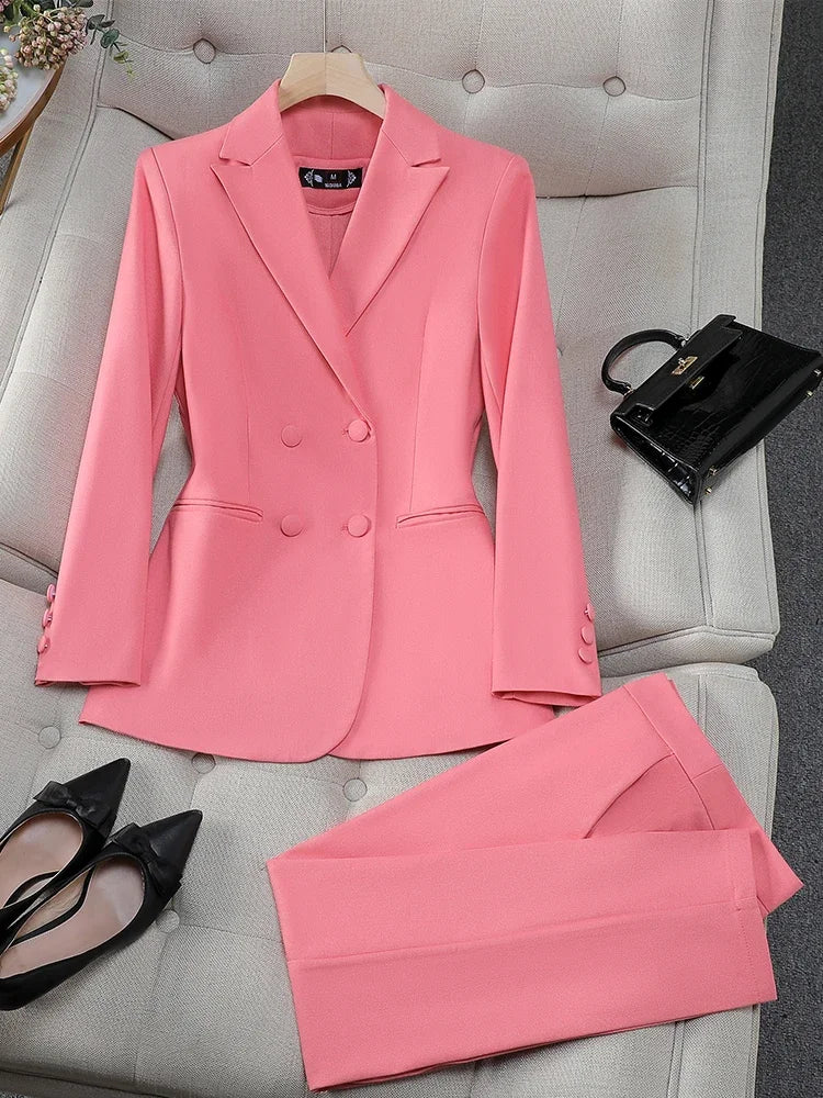 Fashion Office Ladies Formal Pant Suit Set Women Blue Pink Yellow Female Business Work Wear 2 Piece Blazer Jacket And Trouser