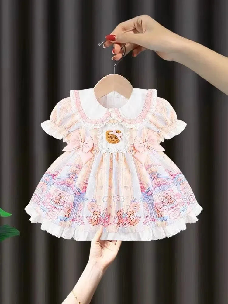 2023 Baby Girls Lolita Summer Dress Cute Bear Bow Birthday Princess Dresses Fashion Kids Children Clothes Tutu Vestidos