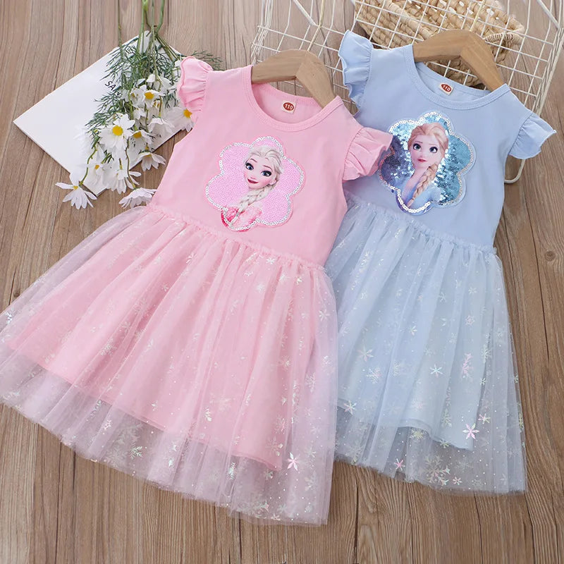 Girls Clothes 2024 New Summer Princess Dresses Flying Sleeve Kids Dress Frozen Elsa Party Baby Dresses for Children Clothing