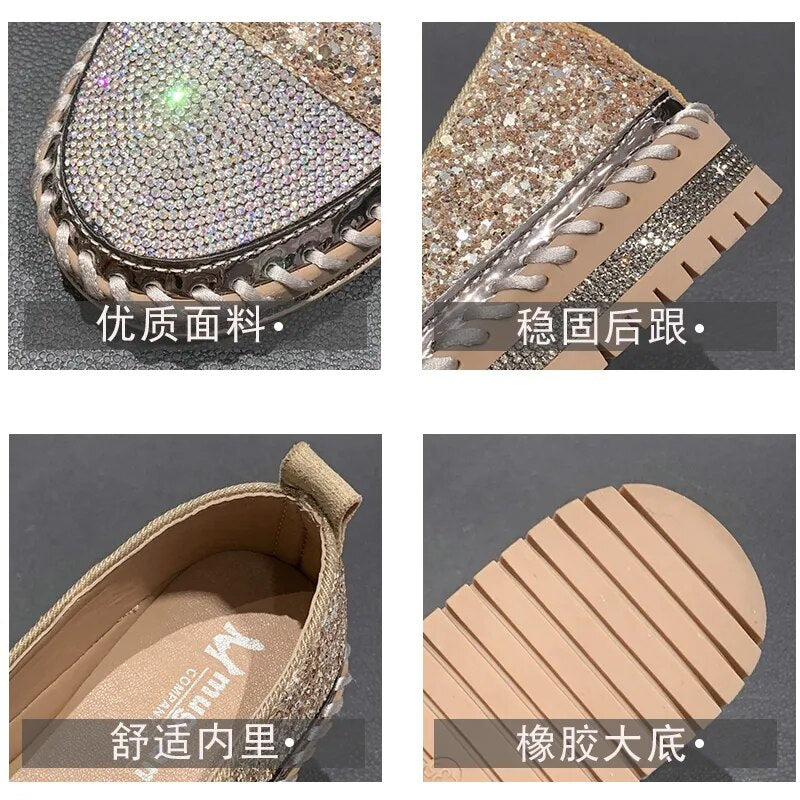 Shining Rhinestone Flats Loafers Slip-on Thick Botton Casual Woman Crystal Shoes Female Fashion Sneakers Sports Running