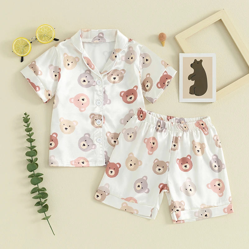 Tregren 1-5Years Toddler Boys Girls Pajamas Set Short Sleeve Bear Print Button Down Shirt and Shorts Set Infant Baby Loungewear