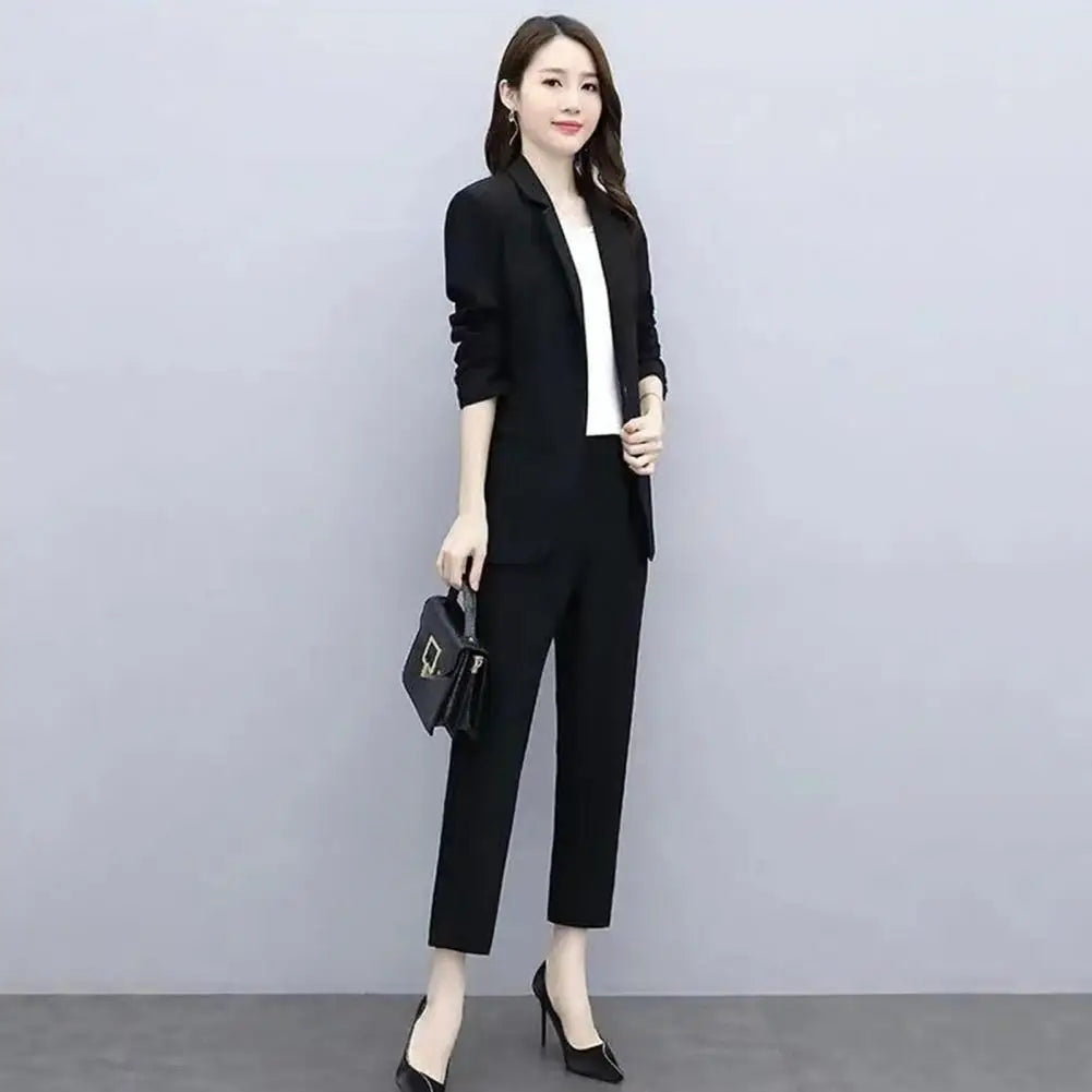 Women Spring Coat Elegant Women's Business Suit Set with Double-breasted Coat High Waist Pants for Formal Office Wear Commute