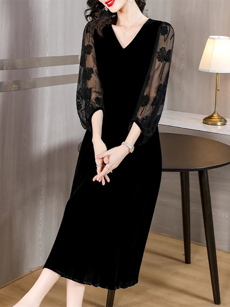 مجموعة أروين Women Elegant Luxury Party Evening Dress 2024 Black Velvet Patchwork Embroidery Sleeve Dress Autumn Winter Vintage Hepburn Dress