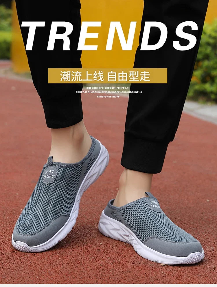 YRZL Men Half Slipper New Style Lat-soled Wild Flat-bottomed Summer Breathable Mesh Thin Section Baotou Slippers Man