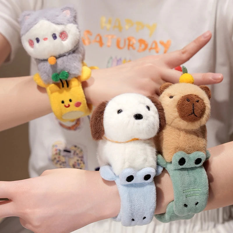 Lovely Animal Slap Snap Wrap Wristband Bracelet Capybara Dog Cat Plush Hand Ring Wristband Kids Toys Creative Funny Gift