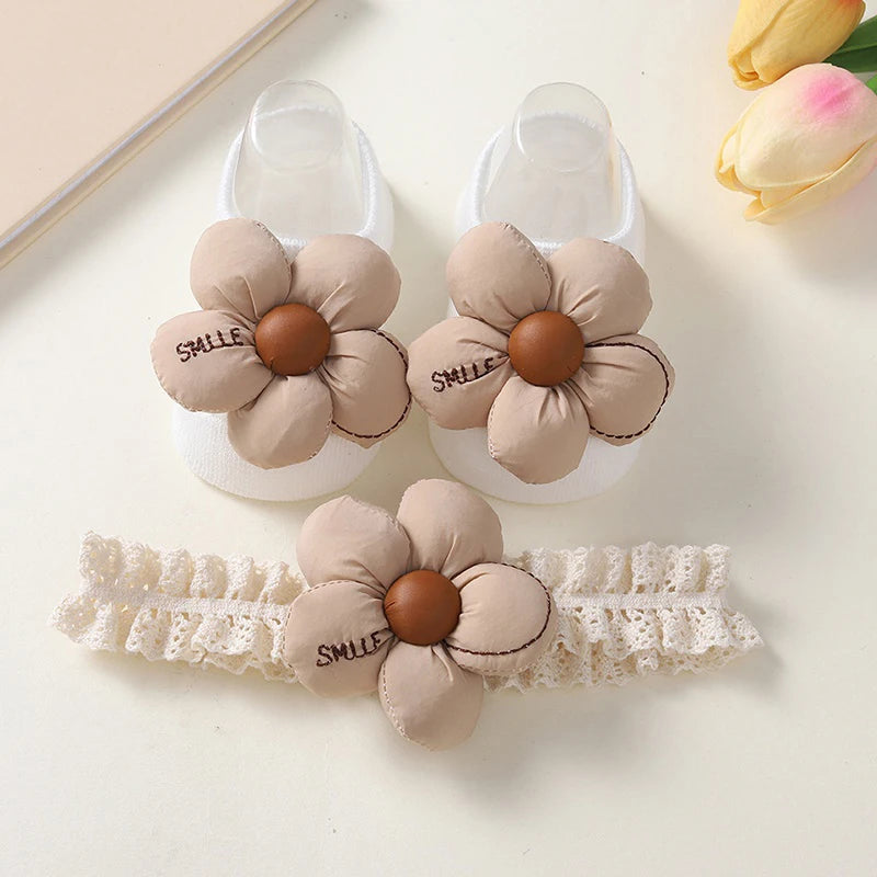 2 Pcs/Set Baby Girls Headband Socks Set Newborn Girls Cute Flowers Toddler Princess Sock Autumn Infant Hair Accessories