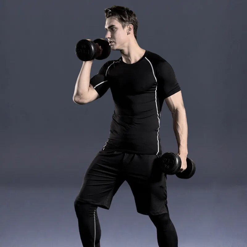 5 Pcs Mens Compression Set Running Tights Workout Fitness Training Tracksuit Short sleeve Shirts Sport Suit kit S-4XL