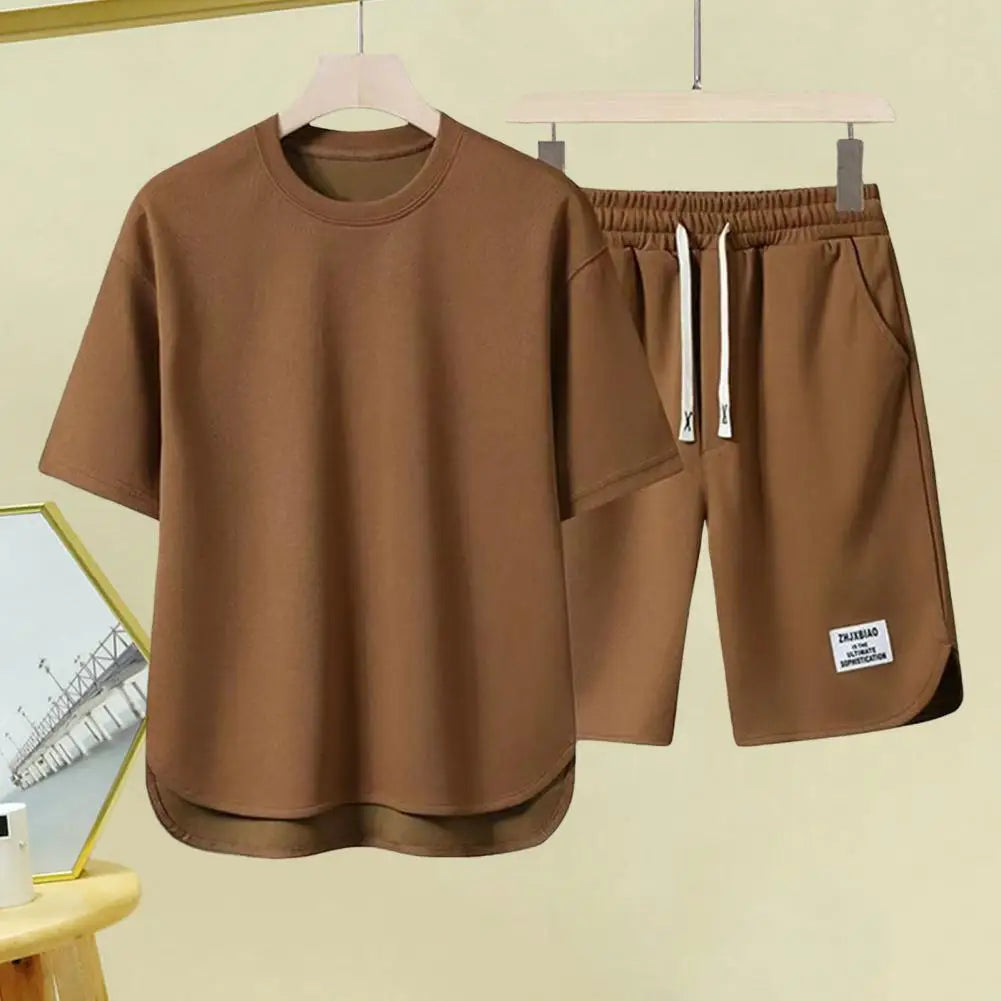 2Pcs/Set Men Summer Casual Outfit Short Sleeve T-shirt Elastic Drawstring Waist Wide Leg Shorts Set Activewear Set 남자 운동복 세트