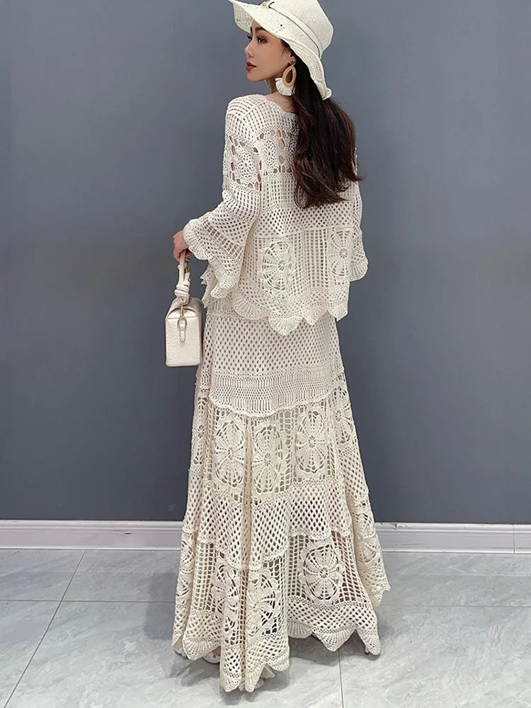 مجموعة أروين التجارية ARWEN & AJH GROUPNew Lace Set With Hollow Top Swing Long Skirt 2 Piece Set Fashionable Elegant Lady 2024 Spring Summer Clothes