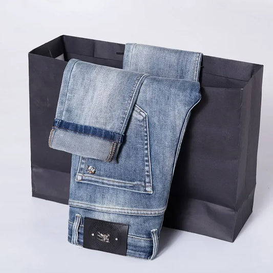 Trendy Casual Men's Denim Trousers High End Thin Cutting Edge Style Slim Fit Stretchy Regular Fit Small Straight Leg