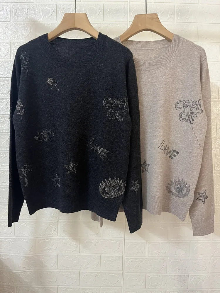 2 Colors Women Letter Stars Floral Hot Rhinestone Sweater 100% Cashmere Long Sleevelady Pullover Autumn Winter 2024