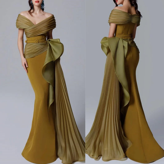 Retro Fashion Jersey Sash Pleat Ruched Draped Mermaid Off-the-shoulder Long Dresses Cocktail Dresses Sizes Available Matching