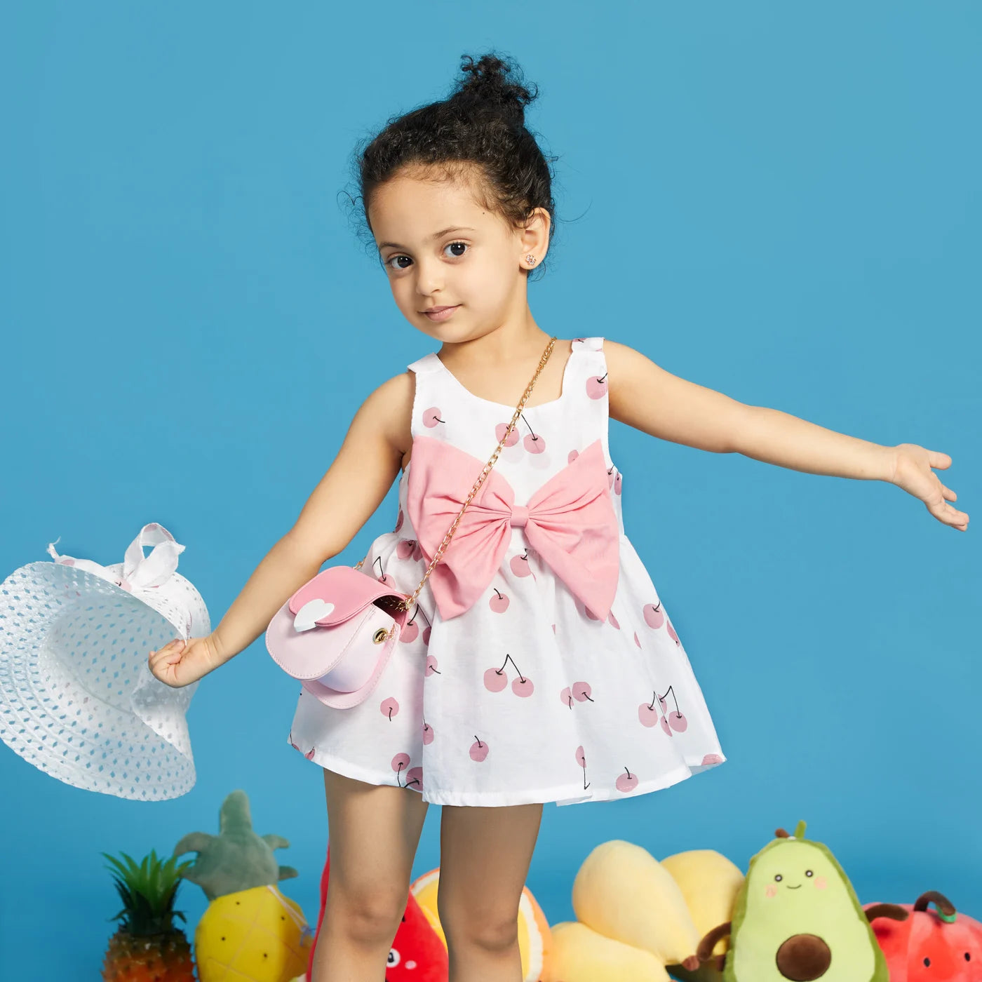 ARWEN & AJH GROUP    New Summer 2-piece Baby and Toddler Fruit Apple Cherry Allover Bow Decorative Sleeveless Dress and Hat Set