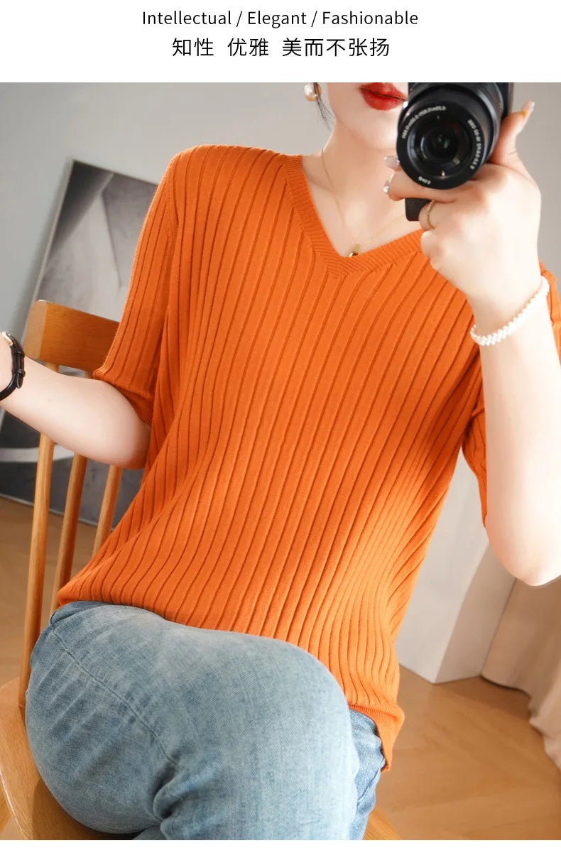 2024 new Women's Clothing Pullovers Sweaters Spring Summer New V-neck Short sleeved Knitted Shirt Base Shirt Solid Color Jumpers